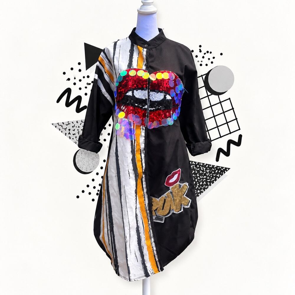 Oversized Sequin Lips Shirt Dress Black White Yellow Estimated XL